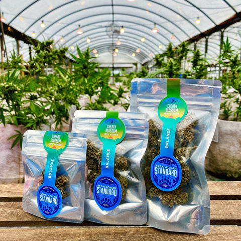 Cherry Blossom hemp flower in Appalachian Standard greenhouse in three sizes.