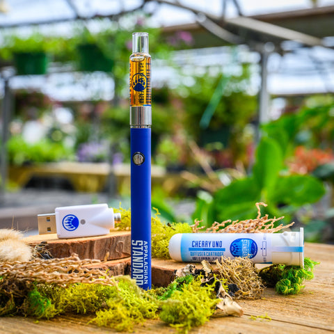Appalachian Standard's Cherry Uno CBD Vape Kit on wood table surrounded by moss and plants