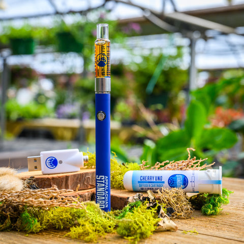 Cherry Uno Vape Kit on wood table with moss and plant in background from Appalachian Standard