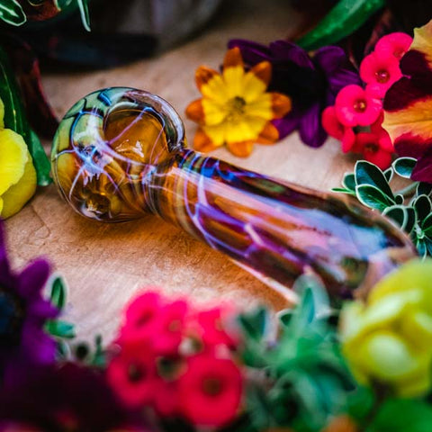 Golden Sea Turtle Shell Pipe with segmented colors of purple, yellow, green and blue