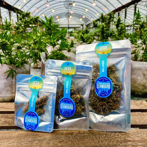 Lifter hemp flower in three sizes on a wooden platter with plants in the background grown and packaged by Appalachian Standard