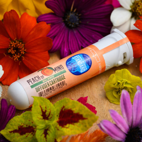 Peach of Mind vibe vessel in a sustainable Sana tube on a bed of flowers.