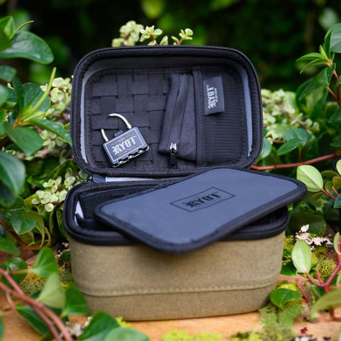 RYOT safe case olive inside view. Comes with lock and small pouch and tray.