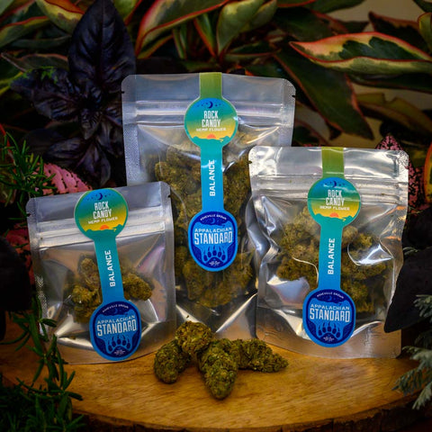 Rock Candy hemp flower in three sizes on a wooden platter with plants in the background grown and packaged by Appalachian Standard