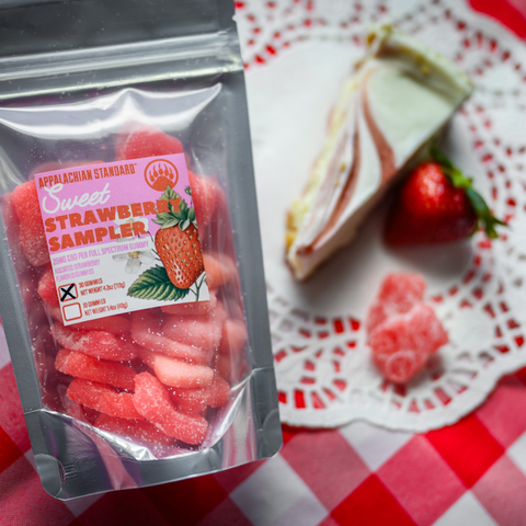 A close-up of the "Sweet Strawberry Sampler" package by Appalachian Standard showing pink strawberry-shaped gummies inside a clear resealable pouch. The label indicates "25mg CBD per full spectrum gummy" with strawberry illustrations. The package is placed on a red and white checkered surface next to a slice of cake with whipped cream and a strawberry.