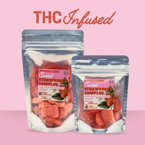 The THC version of the product labeled "THC Infused" with "21+" age restriction markers on the packaging. The label indicates these contain "2.5mg CBD + 2mg THC per full spectrum gummy" and shows the same two size options as the other varieties.