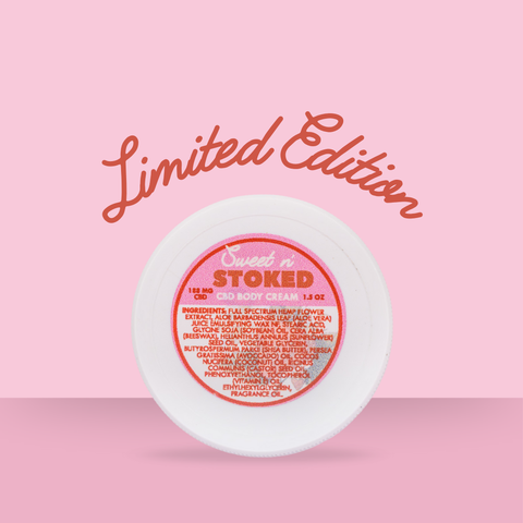 A marketing image showing the Sweet n' Stoked CBD body cream against a pink background with "Limited Edition" text above it. The product's label is clearly visible, showing its ingredients list.