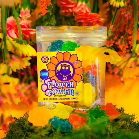 Flower Power Energizing Hemp Gummies with B12 in a frame of flowers from Appalachian Standard