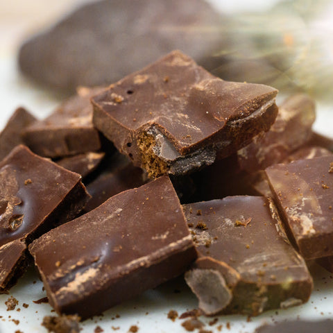 A closeup view of pieces of Appalachian Standard's Mint Chocolate Cookie CBD Chocolate