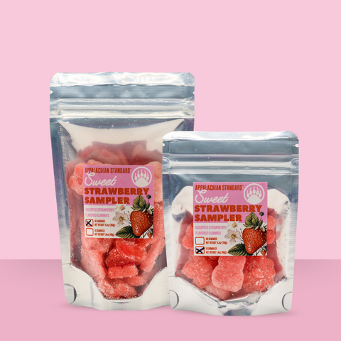 Newest gummy drop for Appalachian Standard showing the non-CBD version of the strawberry gummies in two size options.