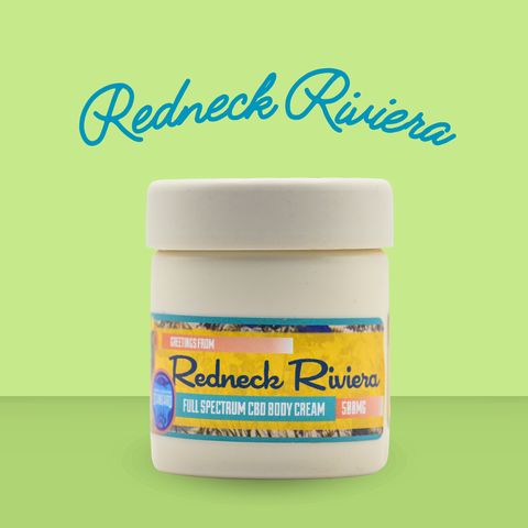 Appalachian Standards Redneck Riviera CBD Body Cream in white container with a green background.