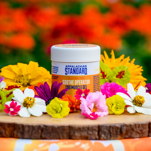 Appalachian Standard Soothe Operator CBD Muscle Gel jar with white lid positioned on a rustic wood slice, surrounded by vibrant wildflowers including yellow zinnias, purple cosmos, white daisies, and pink blooms against a soft-focus orange and green floral background.