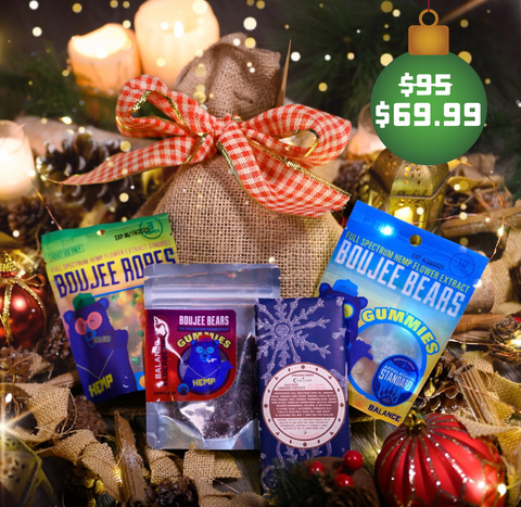 The items in Appalachian Standard's Sugar Sack lined up, including the Boujee Ropes CBD Candy, Boujee Bears Elderberry CBD Gummies, Boujee Bears CBD Gummies, and A Very Merry Cannamas CBD Chocolate Bar