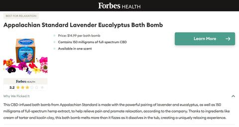 A screenshot of the Forbes Health article naming Appalachian Standard's Lavender Eucalyptus Bath Bomb's as one of the best CBD bath bombs of 2023