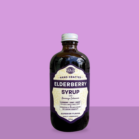 Brew Naturals Elderberry syrup on a purple background