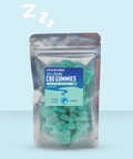 Packaged Appalachian Standard Boujee Bear CBD gummies with a blue label on a light blue background