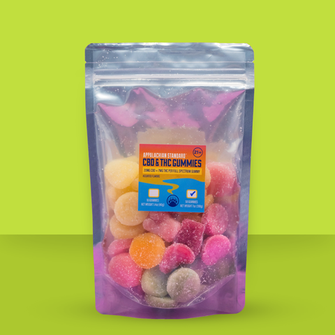 50-pack of Appalachian Standard THC + CBD Altitude Adjuster gummies in assorted fruit flavors, shown in a clear resealable pouch against a bright lime green background.