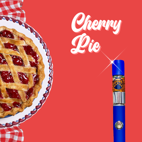 Blue vape pen with cherry pie design on a red background
