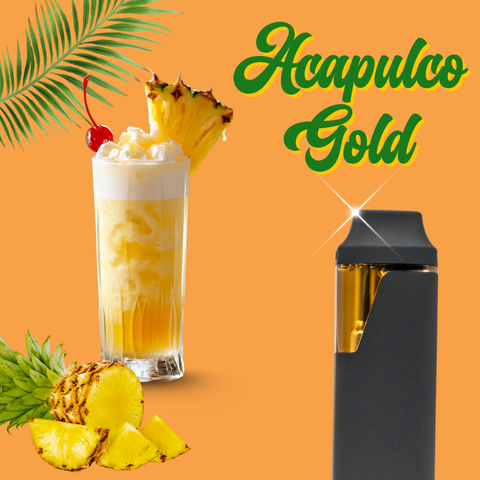Acapulco Gold cocktail with pineapple and cherry on an orange background