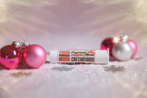 A photo is Appalachian Standards Peppermint Mocha CBD Vape Cartridge surrounded by snow and pink ornaments.