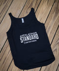 Black tank top with 'Appalachian Standard' text on a wooden surface