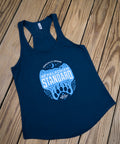 Navy blue tank top with white and blue graphic design on a wooden surface