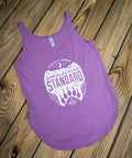 Purple tank top with white graphic design on a wooden surface