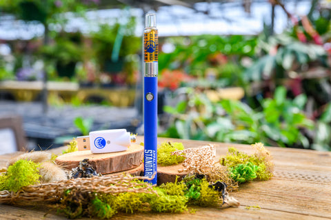 Appalachian Standard's T1 CBD Vape Kit on wood table surrounded by moss and plants