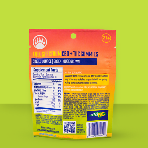 Orange gummy bag on a green backdrop 