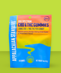 A package of Appalachian Standard full-spectrum CBD and THC gummies, featuring flavors such as lemon, orange, cherry, green apple, and watermelon. The package indicates 21+ and contains 10 gummies with a net weight of 140g.