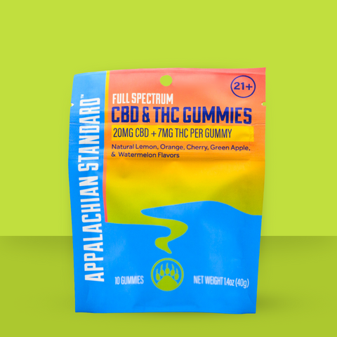 A package of Appalachian Standard full-spectrum CBD and THC gummies, featuring flavors such as lemon, orange, cherry, green apple, and watermelon. The package indicates 21+ and contains 10 gummies with a net weight of 140g.