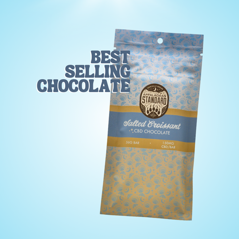 Blue background with "Best Selling Chocolate" written on screen and a bag of Salted Croissant CBD Chocolate