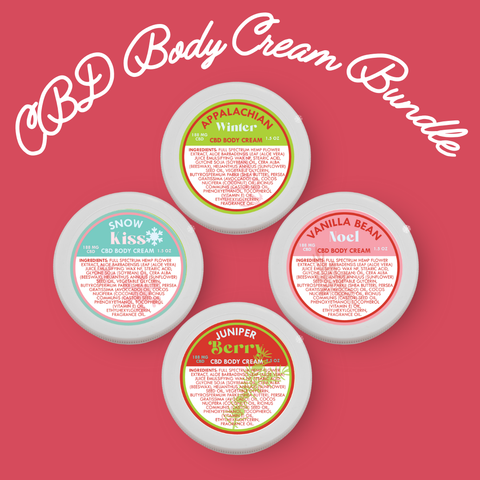 Four containers of Appalachian Standard CBD Body Cream with labels on a red background