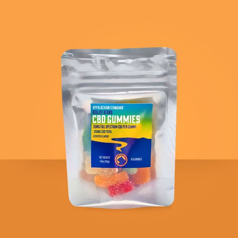 Clear packaging of Appalachian Standard Full Spectrum CBD Gummies with a colorful label on an orange background