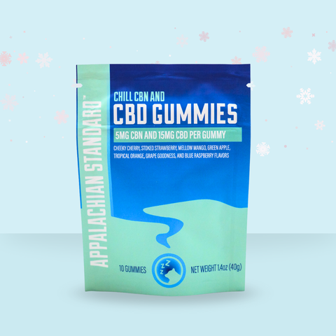 Appalachian Standard's CBN and CBD gummies packaging with blue and green design on a light blue background