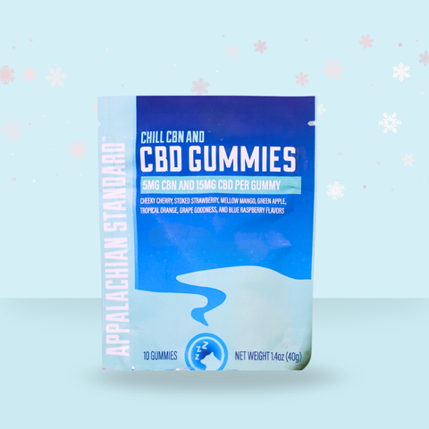 Appalachian Standard's blue CBD Chill gummies on a blue background, with CBD and CBN and snowflakes behind.