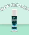 Appalachian Standard's CBD Hemp Menthol Salve Stick with a blue, mint green, and dark green label and mint green backdrop that says "New Release" on top.