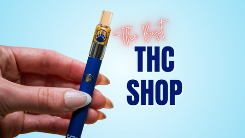 Appalachian Standard's battery and cart being held with the words "The Best THC Shop" on a blue background.
