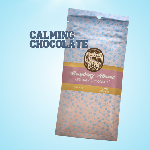 Blue background with "Calming Chocolate" written on screen and a bag of Raspberry Almond CBD Dark Chocolate