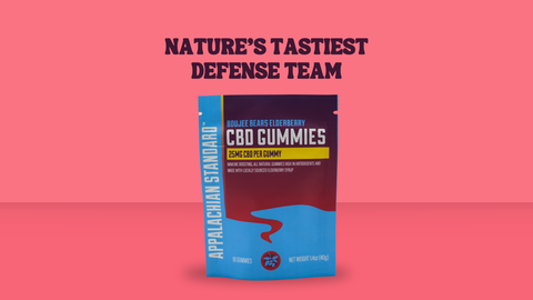 A blue/purple bag that says "Boujee Bears Elderberry CBD Gummies" standing up in front of a pink/red background that says "Natures' Tastiest Defense Team" above the bag of gummies.