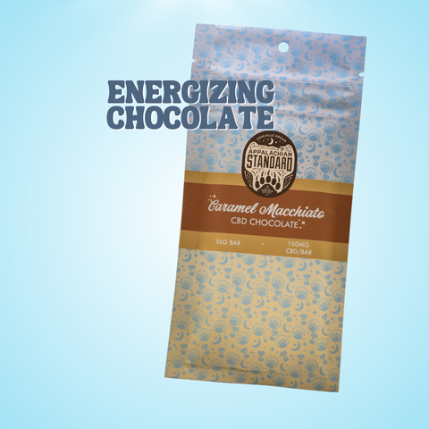 Blue background with "Energizing Chocolate" written on screen and a bag of Caramel Macchiato CBD Chocolate
