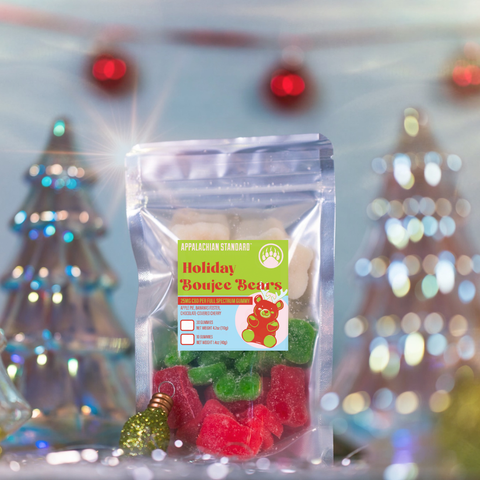 Packaged Boujee Bears gummy bears with a 'Holiday Boujee Bears' label against a festive background for Appalachian Standard's Christmas launch.