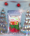 Packaged Boujee Bear CBD gummy candy with a festive label against a blurred Christmas tree background for Appalachian Standard's Christmas launch.