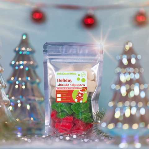 Packaged Boujee Bear CBD gummy candy with a festive label against a blurred Christmas tree background for Appalachian Standard's Christmas launch.
