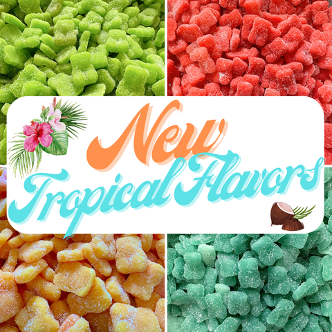 Boujee Bear CBD gummies collaged in a square image of 4 with "New Tropical Flavors" written on the photo with tropical icons everywhere.