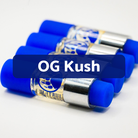 Four of Appalachian Standard's THCA Vapes laid down on a white background with "OG Kush" typed in white text with a blue background on top.