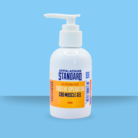 Appalachian Standard's CBD Muscle Gel in a white pump bottle on a blue background