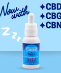A white bottle of tincture with a blue label that says "Appalachian Standard Chill Tincture 1500mg CBD, 500mg CBN, 500mg CBD" on a light blue background.