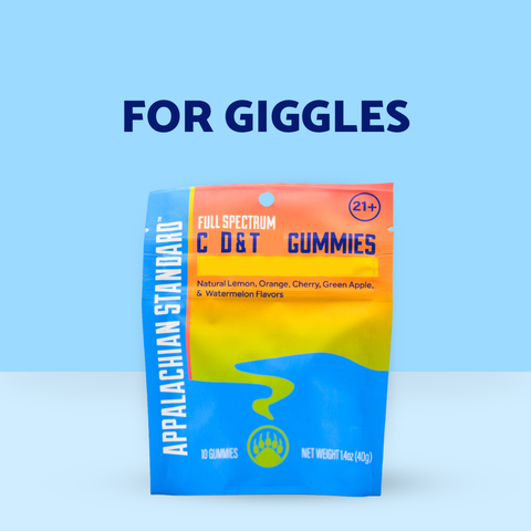 Appalachian Standard packaging on a blue background with text 'FOR GIGGLES'.