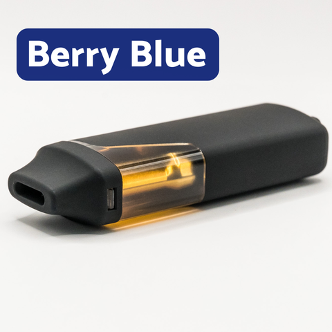 Black vape pen with clear cartridge on a white background, labeled 'Berry Blue'.